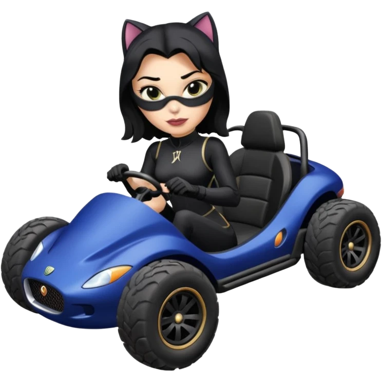 full size real-appearance road glowing racing sexy buxom CatWoman’s feminine midnight-colored tight outfit sixty’s tv show dark stealthy accurate sporty safe plush deluxe off-road pursuit drifting car jaguar (black hair,reclined and relaxed torso and shoulders back against seat) cross kart  emoji