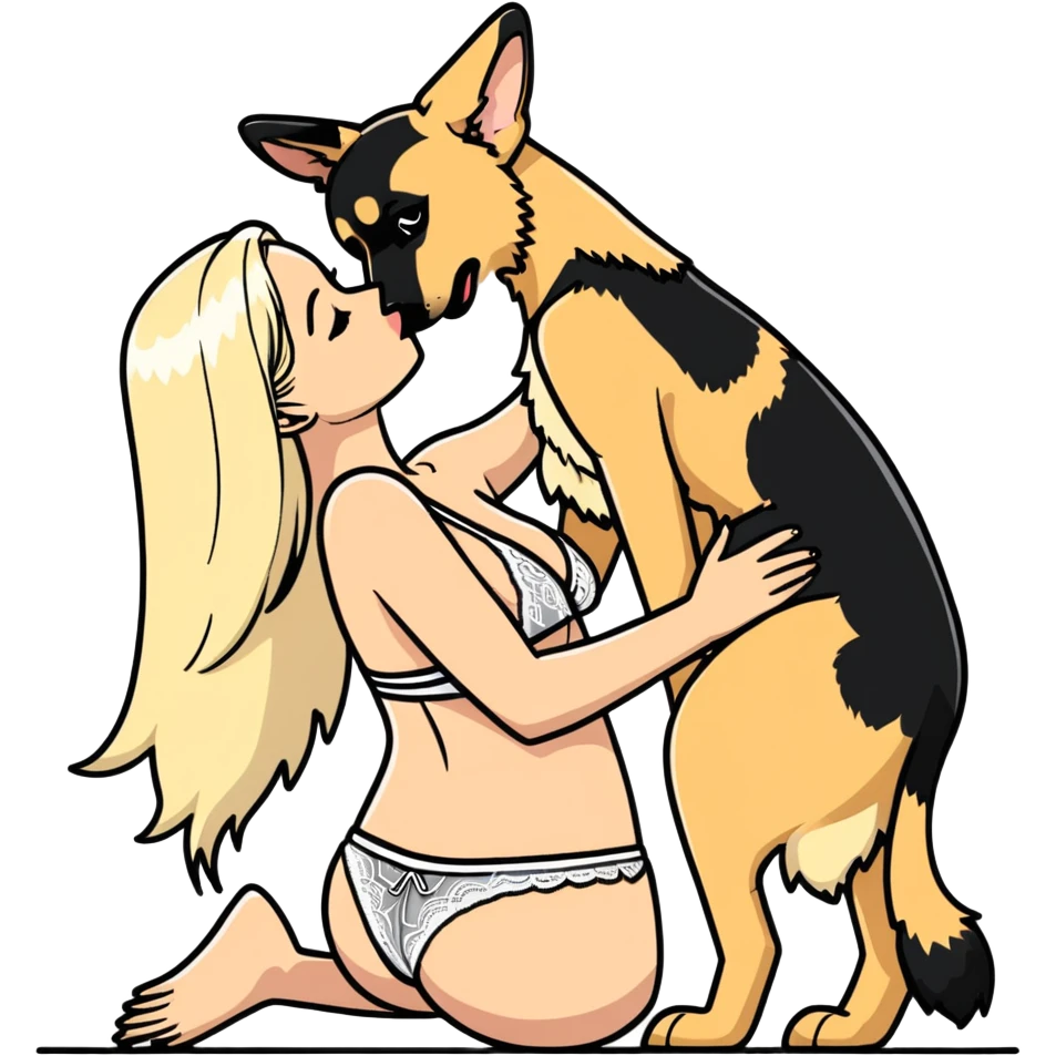 petite blushing subby blonde human woman white lace bikini romance with large German shepherd kissing emoji