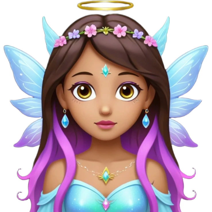 Earthreal sparkly angelic mystical magical shiny pretty Fairy. Dark Brown eyes. Caramel skin. Long dark brown hair. White, hot pink and light blue and lavender and light green and light yellow . Tattoos emoji
