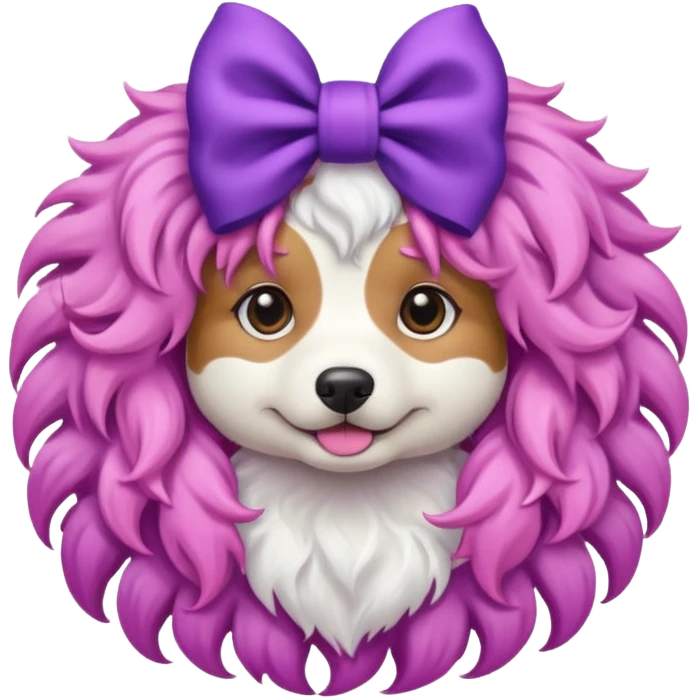 dog with pink long curly hair and purple bow on head emoji