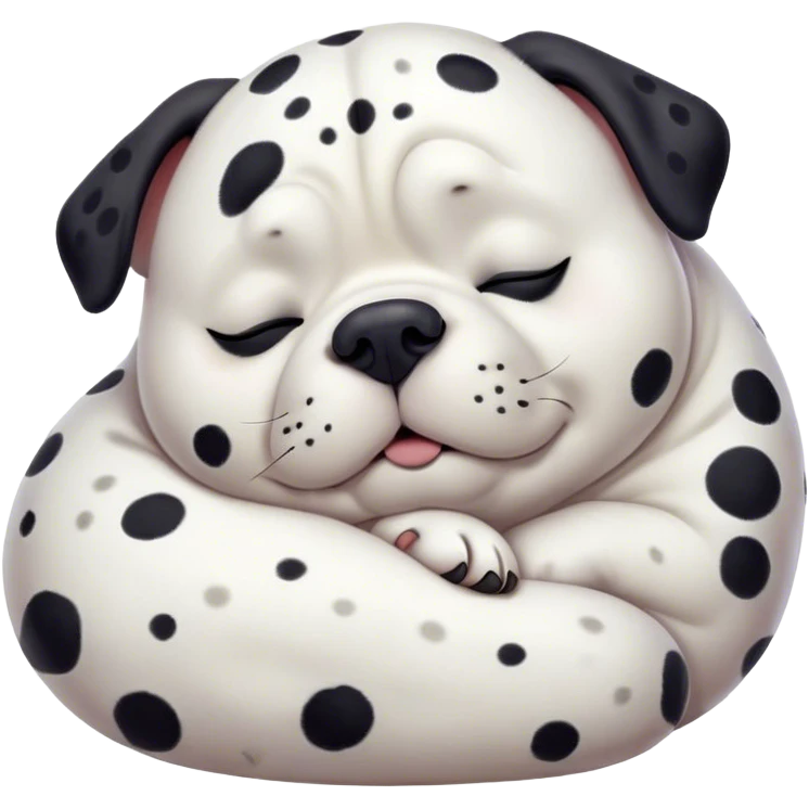 Cinematic Chubby Sleeping Dalmatian Portrait Emoji, Chubby and serene, with a round, plump build and a glossy white coat adorned with distinctive black spots, eyes gently closed in peaceful slumber, Simplified yet irresistibly endearing features, highly detailed, glowing with a gentle, dreamy glow, high shine, relaxed and content, stylized with a touch of whimsy, bright and heartwarming, soft glowing outline, capturing the essence of a blissfully sleepy companion, so comically serene it feels like it could roll out of the screen and snore with adorable charm! emoji