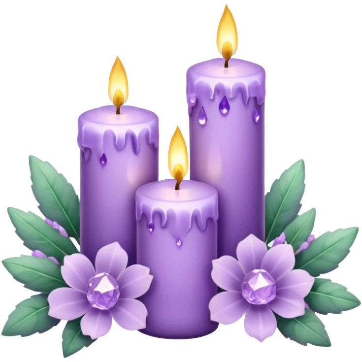 Aesthetic scenic romantic lavender lilac pastels beautiful gorgeous holy divine spiritual pretty elegant sparkly shiny scene of Candles, flowers, plants leaves, amethyst crystals, scenic aesthetic scenery emoji