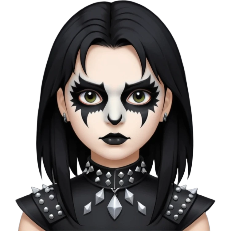 Crea una ragazza con stile black metal,  paint face black metal, capelli neri mossi dalle spalle e occhi bianchi e un collare con borchie a punta emoji