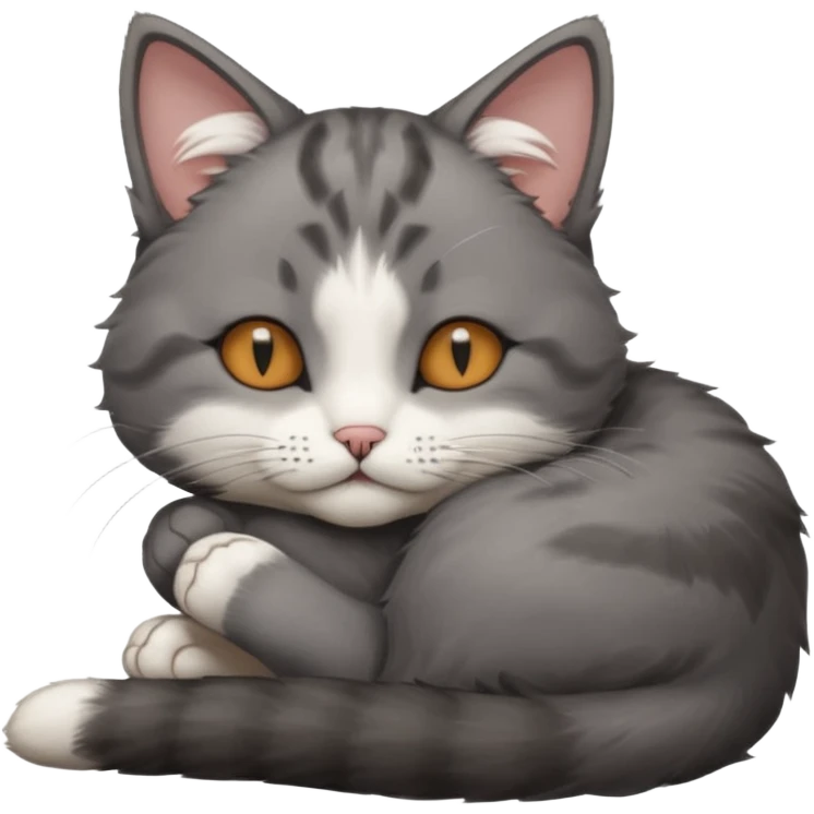 dark grey and white small cat with his eyes closed leaning his head on his paw while lying down emoji