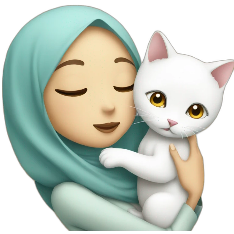 Hijab women kissing white cat emoji