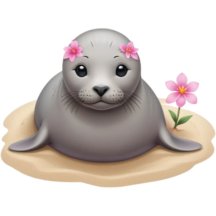 A grey small, slim  seal resting gracefully on a sandy beach, with a delicate pink flower placed on its head.   emoji