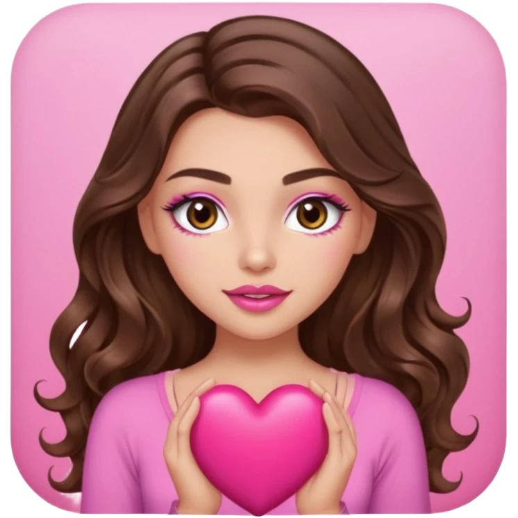 girl with long wavy brown hair, brown eyes, long lashes makeup, sexy pink lips, light to medium complexion, wearing a pink sexy top, squeezing a big heart emoji