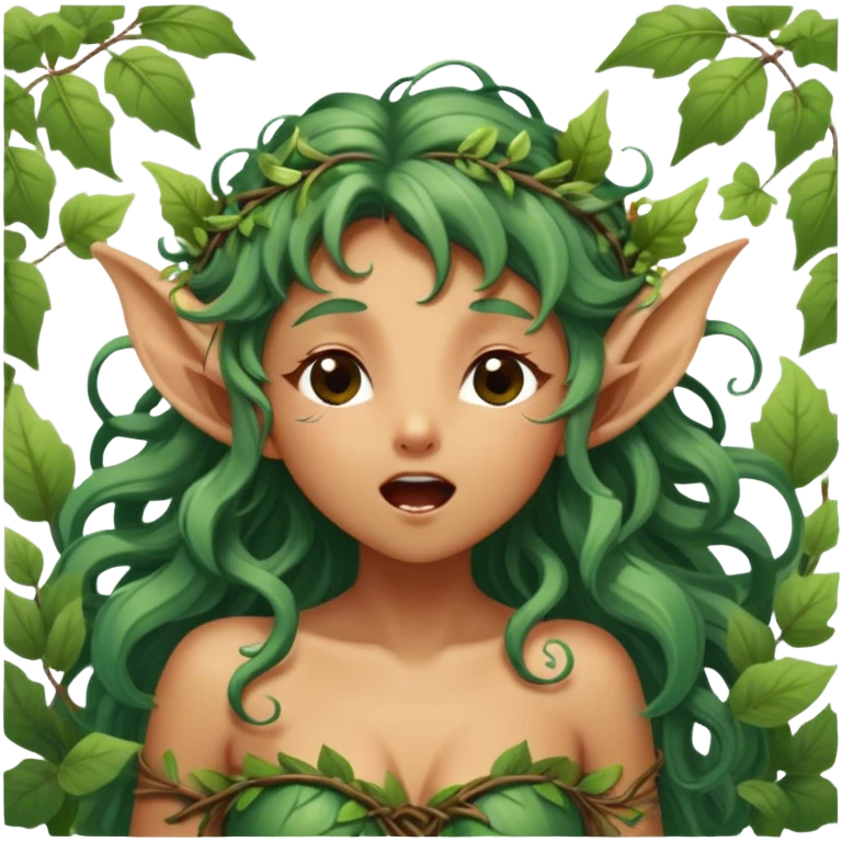 Cinematic Realistic Forest Nymph Fairy Portrait, head tilted slightly with a dramatic, wide-open yawn, revealing a tender, relaxed visage with finely detailed tanned skin and flowing, vine-adorned hair gently framing her face. Her sleepy eyes exude a serene, dreamlike quality as soft natural sunlight filters through the canopy, capturing the essence of a drowsy yet captivating forest nymph drifting into peaceful slumber. emoji