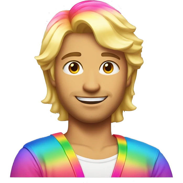 A blond haired shinny feminine man wearing rainbow clothes with a pink streak in their hair emoji