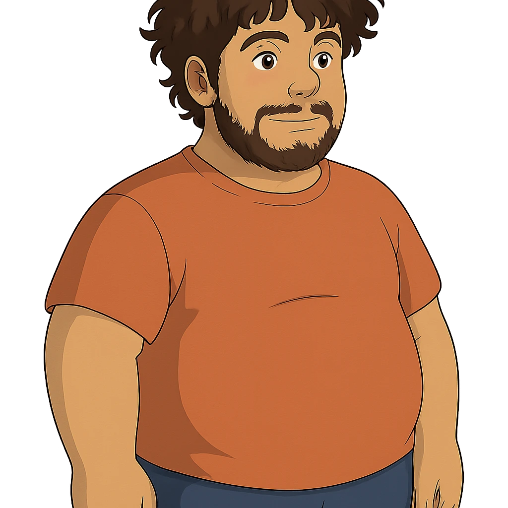 ghibli style tan guy with mid-length brown and black curly hair like LaMelo Ball, beard, chubby build emoji