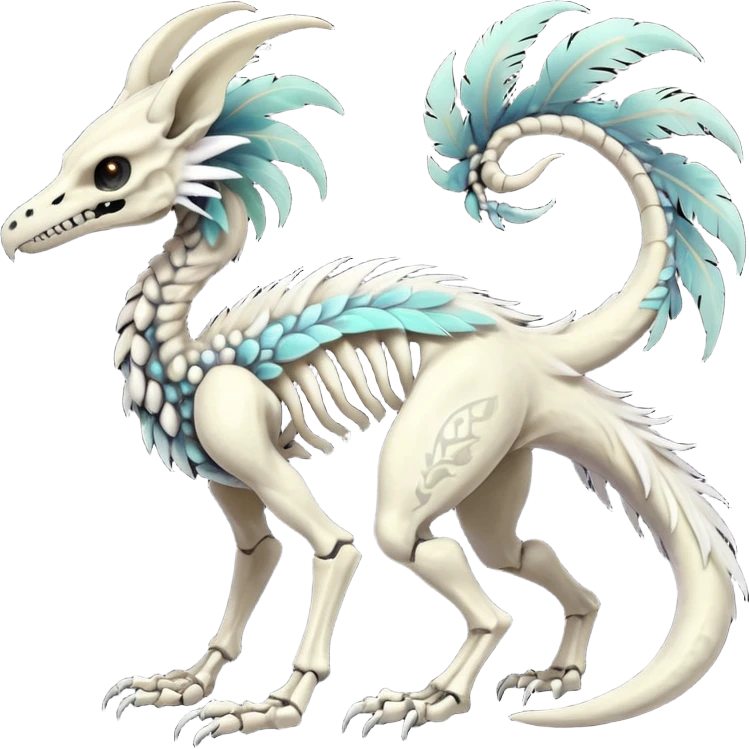 Rare realistic tribal patterned white whitish pastel colorful iridescent shiny glossy feathered skeletal badass epic handsome gorgeous aesthetic black-skulled Vernid-Trico-Sergal-Salandit-Nargacuga-species-Fakemon-creature by LiLaiRa, 4 legs, 1 tail, random markings, (full body) long ears emoji
