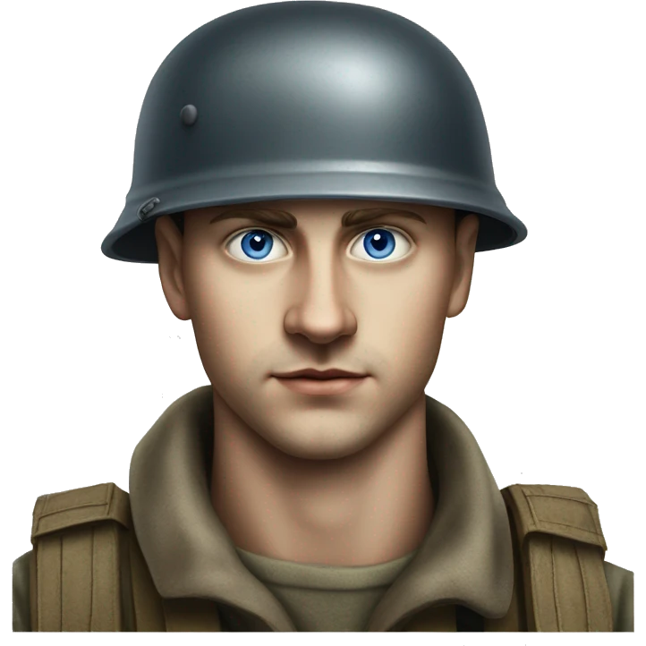 blue eyed  guy 28 years old german soldier in helmet 1940 photorealistic serious emoji