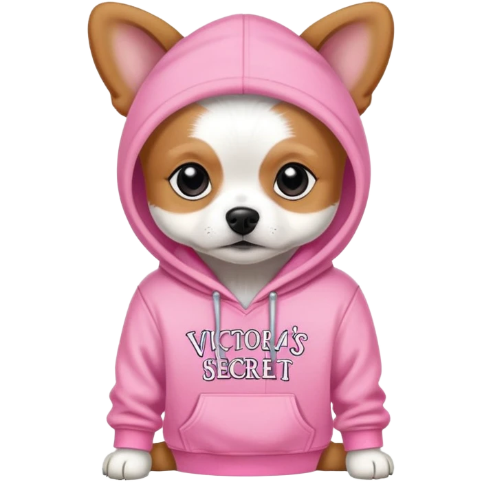 small dog wearing Victoria's Secret pink hoodie with logo emoji