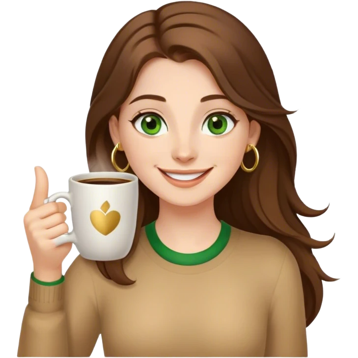 Long, Brown haired girl with middle hair part, green eyes, gold hoop nose ring, smiling, waving with one hand, coffee mug in the other emoji