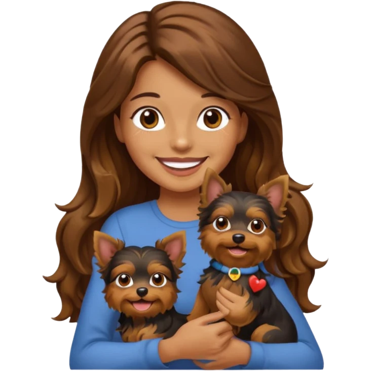a woman with long wavy brown hair holding a Yorkshire Terrier, emoji style emoji