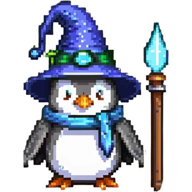 penguin wizard with a pointy hat and magic staff emoji