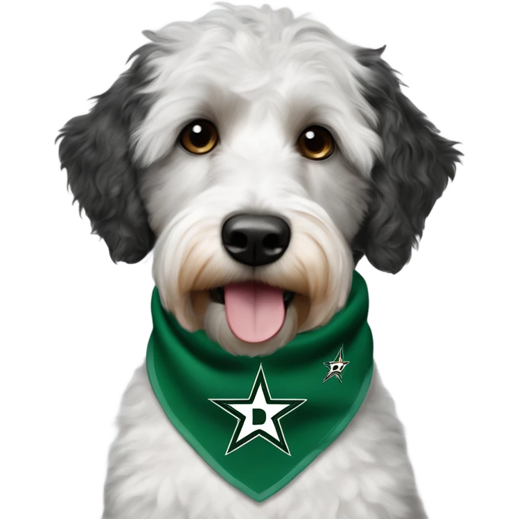 Aussiedoodle wearing a neck bandana with the NHL Dallas Stars hockey team logo emoji