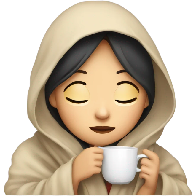 asian girl inside a blanket sipping coffee eyes closed emoji