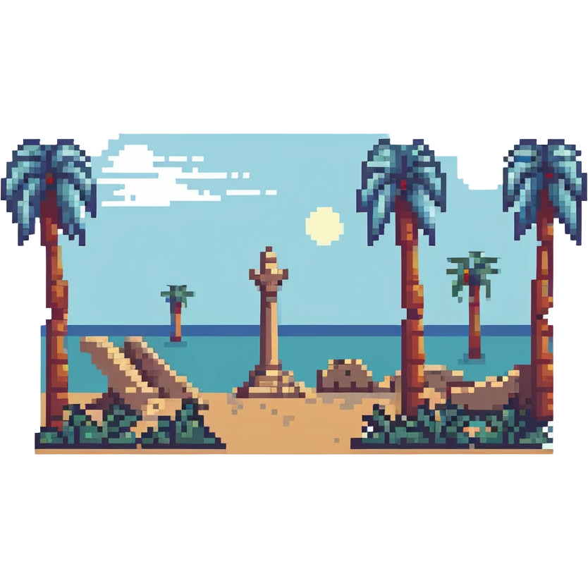 pixel art of the ancient ruins of Carthage with palm trees emoji