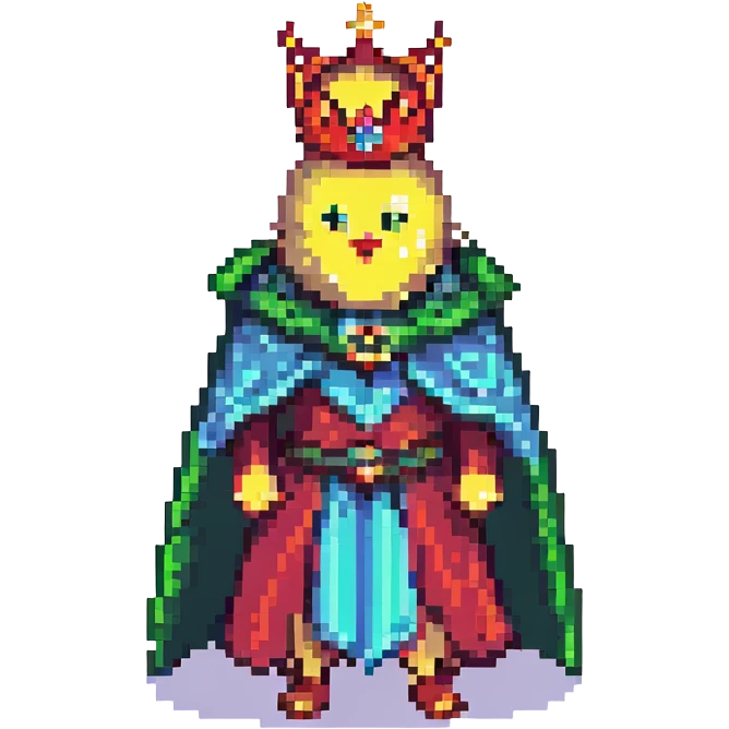 regal pear wearing a crown and cape, pixel art, classic 8-bit look emoji