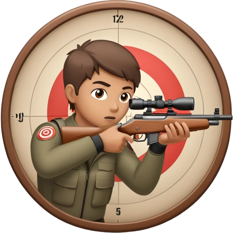 A focused shooter aiming a rifle at a target, standing in a shooting range with perfect posture. The target is in clear view, and the atmosphere is intense and precise, emphasizing concentration, accuracy, and discipline in the sport of shooting. emoji