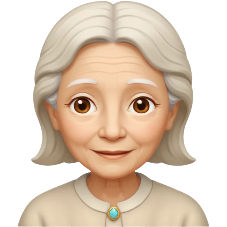 old woman with soft and warm smile, looking calm and friendly, low eyes corner looking like an angel emoji