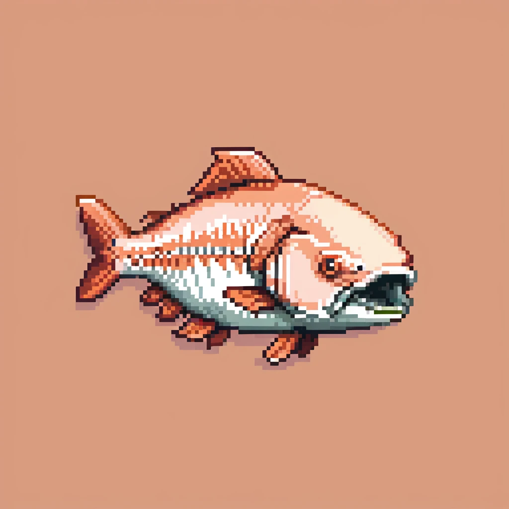 Minecraft salmon fish item texture, eye pointing down-left at 45-degree angle, orange-pink color, simple square texture, pixel art style emoji