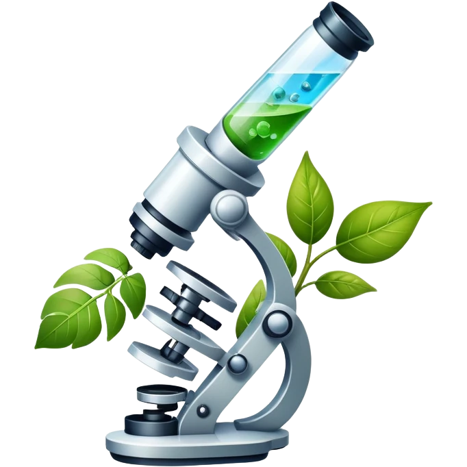An icon featuring a DNA helix, a microscope, and a plant leaf, symbolizing biology. The design includes animal cells, a test tube, and a globe, representing the study of life forms, ecosystems, and genetics. Transparent background highlights the exploration of living organisms. emoji