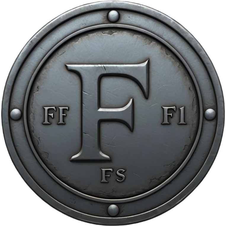 Minimal emoji, gothic metal coin made of black steel, engraved number f at the center, ancient industrial aesthetic, worn metal texture, no glow, no neon, flat emoji design, centered, transparent background emoji