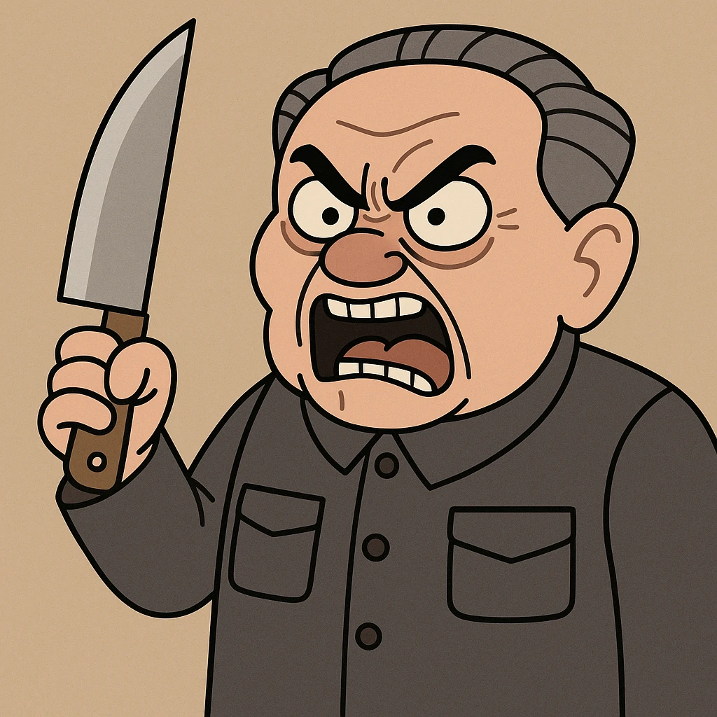 Deng Xiaoping as a cartoon villain, exaggerated angry expression, holding a knife, flat toon style emoji