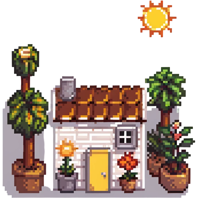 dream life as a pixel art scene with a small home, garden, and sun emoji