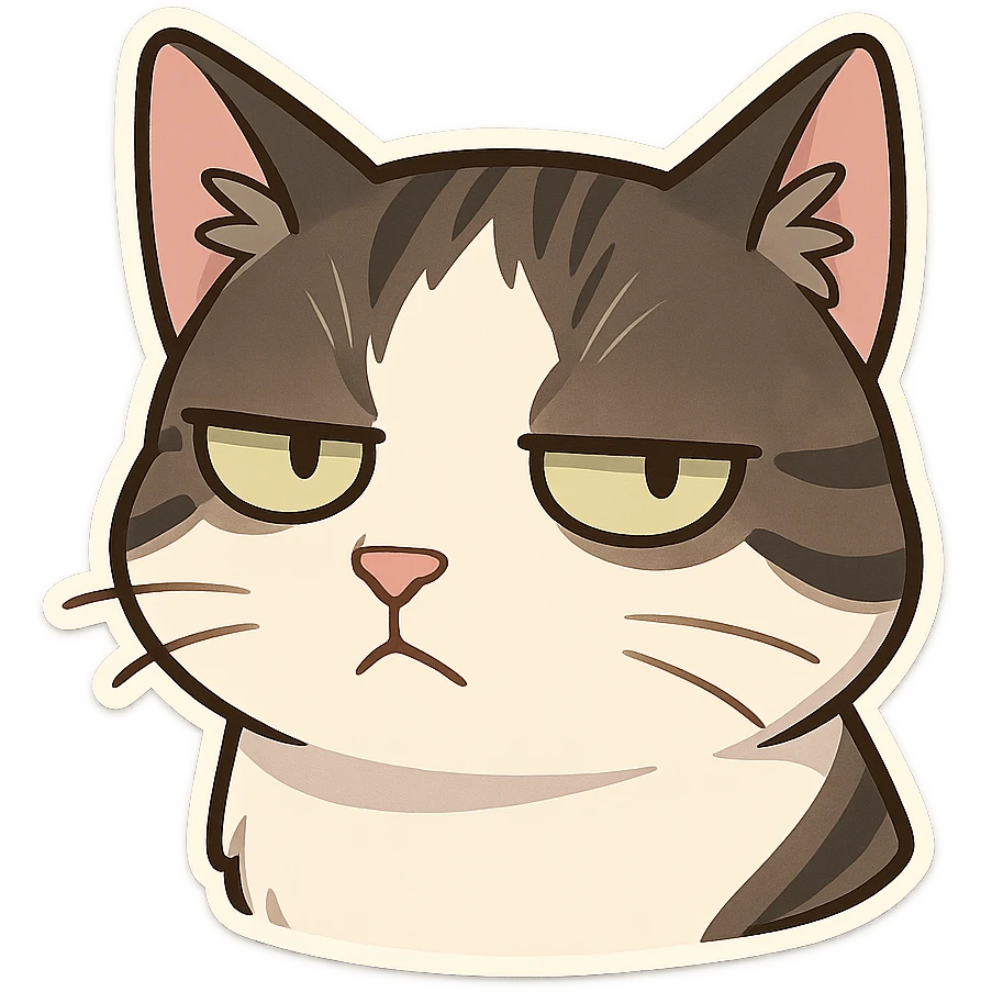 A cat head with an impatient expression, eyes looking to the left and frowning emoji