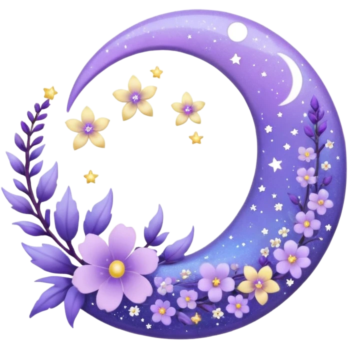 Beautiful poetic ethereal romantic aesthetic sparkly glittery shiny pretty floating pastel lilac lavender Violet crescent-moon and flowers and leaves and feathers and sparkles and stars aesthetic deco emoji
