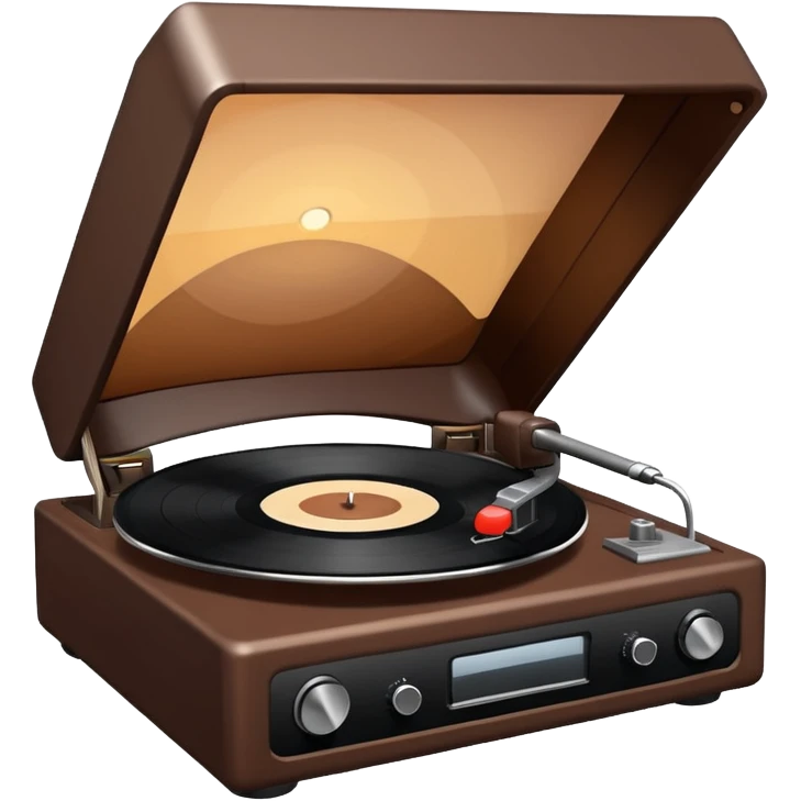 A brown record player spins a stark black vinyl under the veil of dusk. emoji