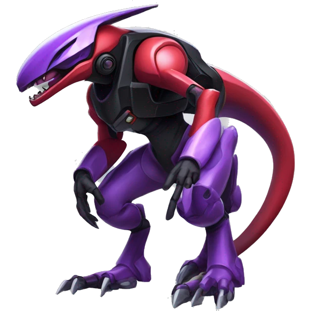 a shiny black-red-purple Genesect-Raptor-Fakémon—hybrid with a futuristic visor-helmet full body emoji