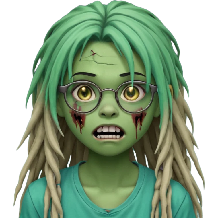One teen female green-skinned, zombie super pretty with glasses, with ombre black roots & teal tips long dreadlocks and a side bang of her locs that fall over the right eye and a worried expression like with the mouth open, teeth showing, and the jaw uneven. with a small wound near its mouth. emoji
