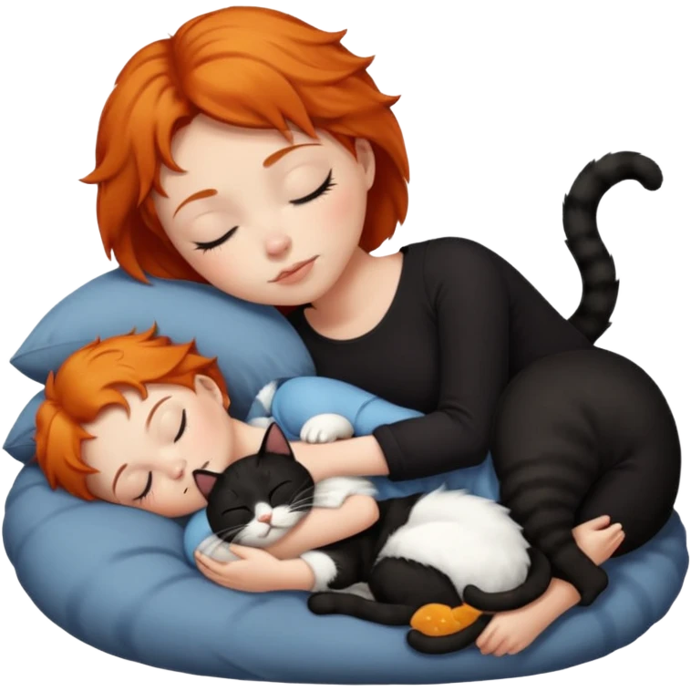 Ginger Girl short hair sleeping with two cats a black and a white bigger cat  emoji