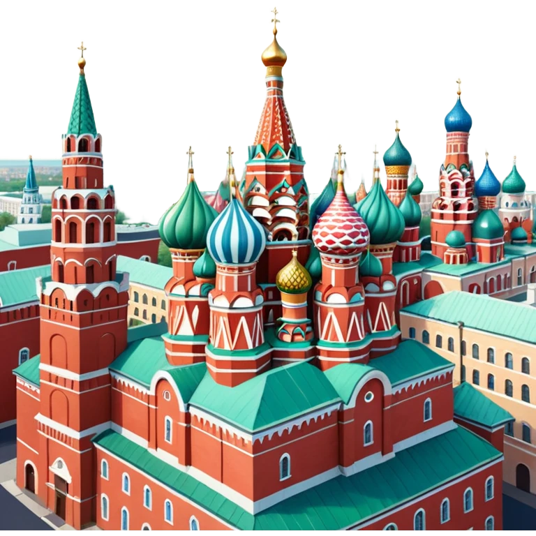 Isometric illustration of Moscow, featuring photorealistic Moscow with colorful onion domes, hand-drawn painterly details, subtle texture on bricks and roofs, realistic shadows and soft lighting, muted yet vivid color palette, diorama miniature effect. emoji