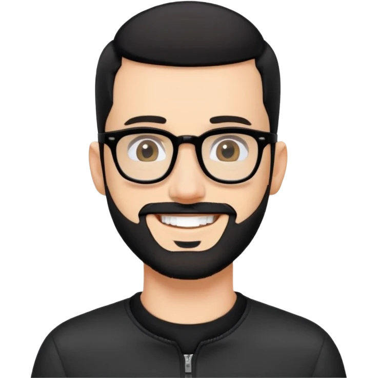Fair-skinned man with almost buzz cut black hair (extremely short but not completely shaved), short salt and pepper beard, large black-framed glasses, smiling, wearing black long sleeve zip shirt at neck emoji