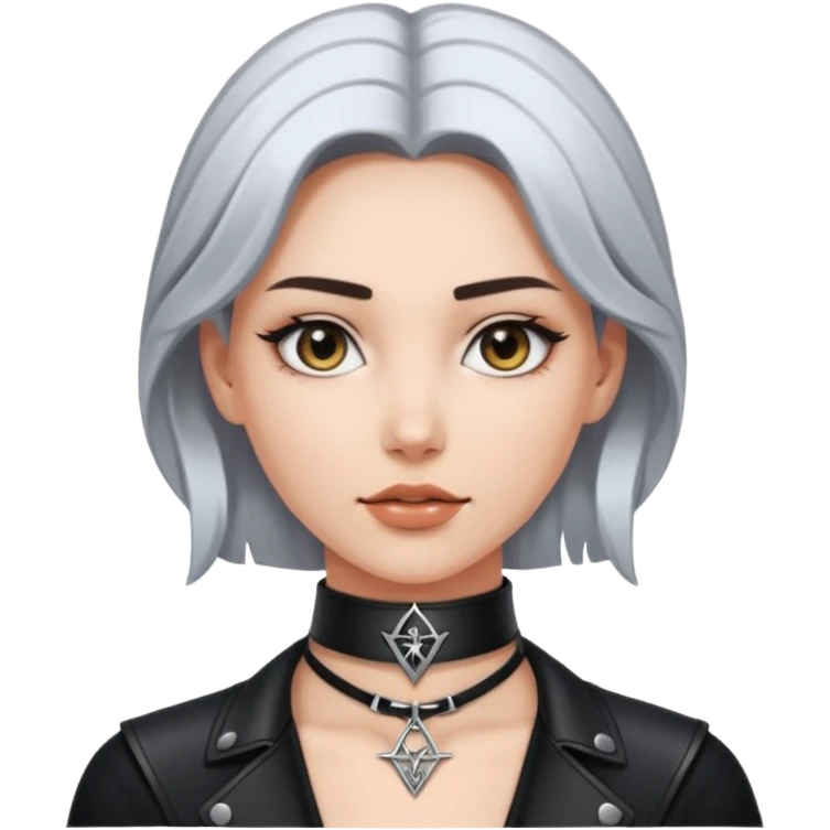 Leather choker with sigil around woman’s neck, pulse visible, dominance tone emoji