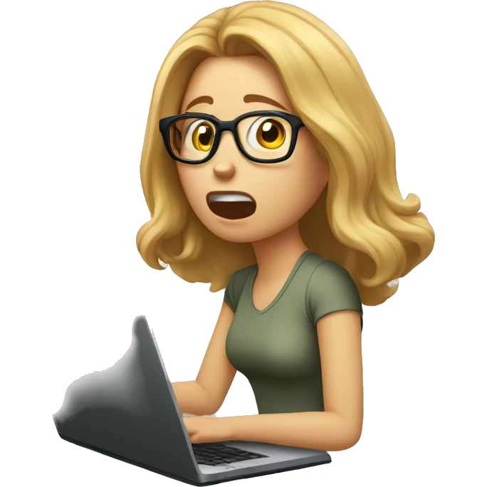 a girl with specs looking at her laptop and panicking and shouting,stragiht hairs,light skin color, slim face emoji
