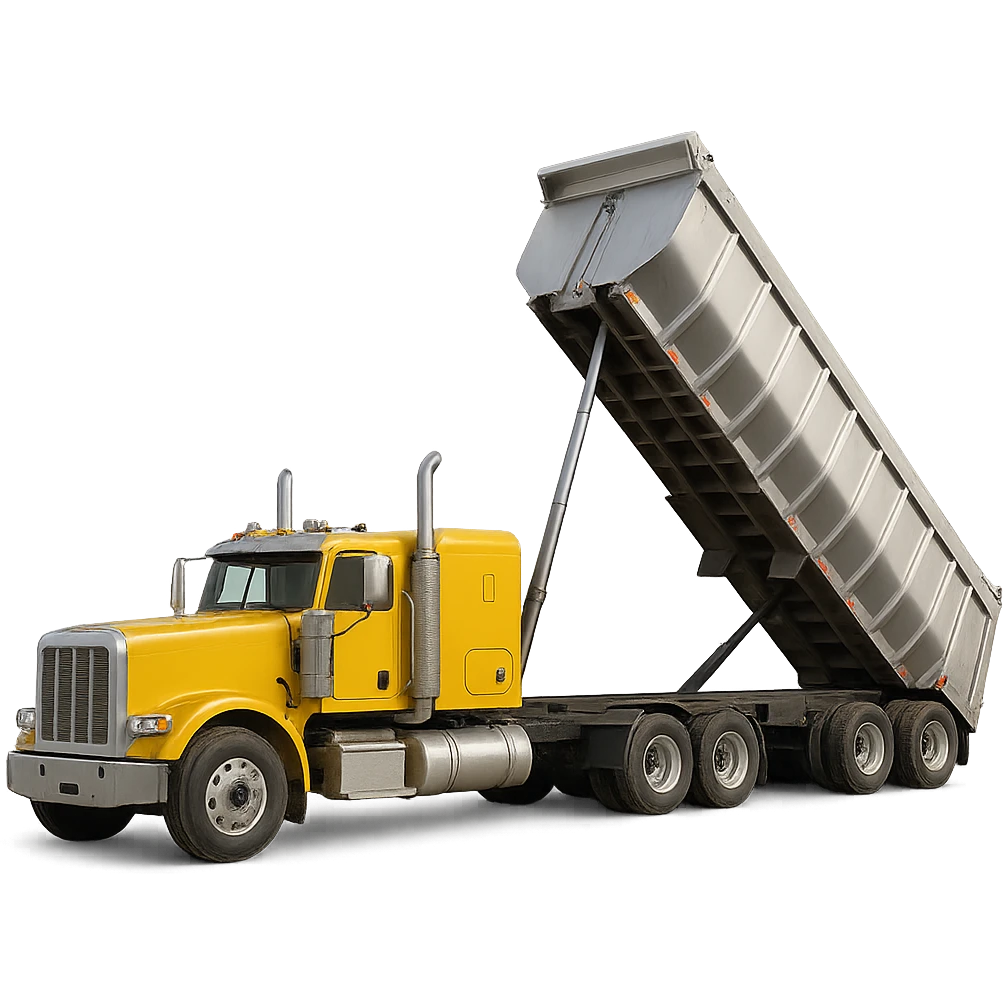 realistic yellow semi sleeper truck with long silver end dump trailer in raised dump position, clear details, realistic proportions, no background emoji