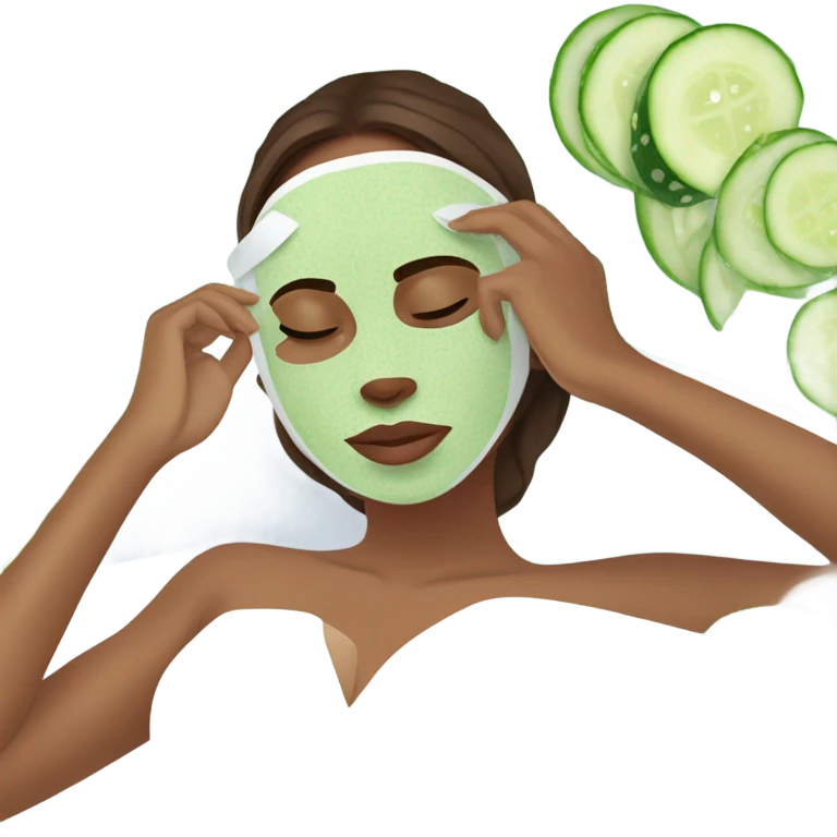 Girl with freackles Brown hair white skin and blue eyes wears Green colored texture skin care mask all over her face while She relaxes and puts two round piece of cucumber on her closed eyes In a white Robe emoji