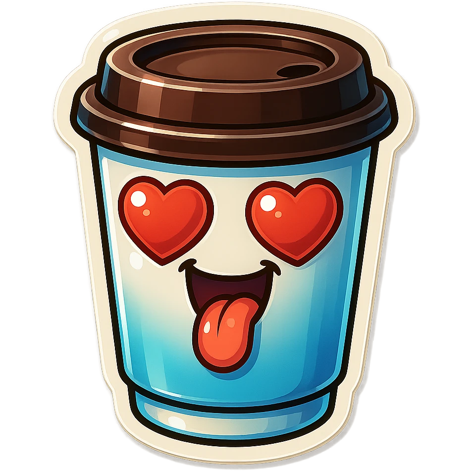 Tall coffee cup, big heart eyes, tounge hanging on ground emoji