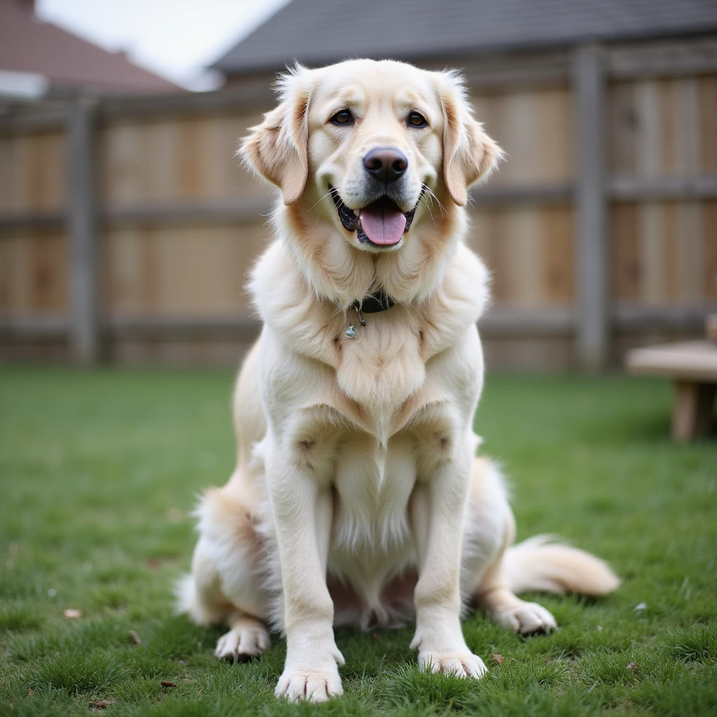 adult english cream golden retriever sitting on grass, facing camera, fence in the background emoji