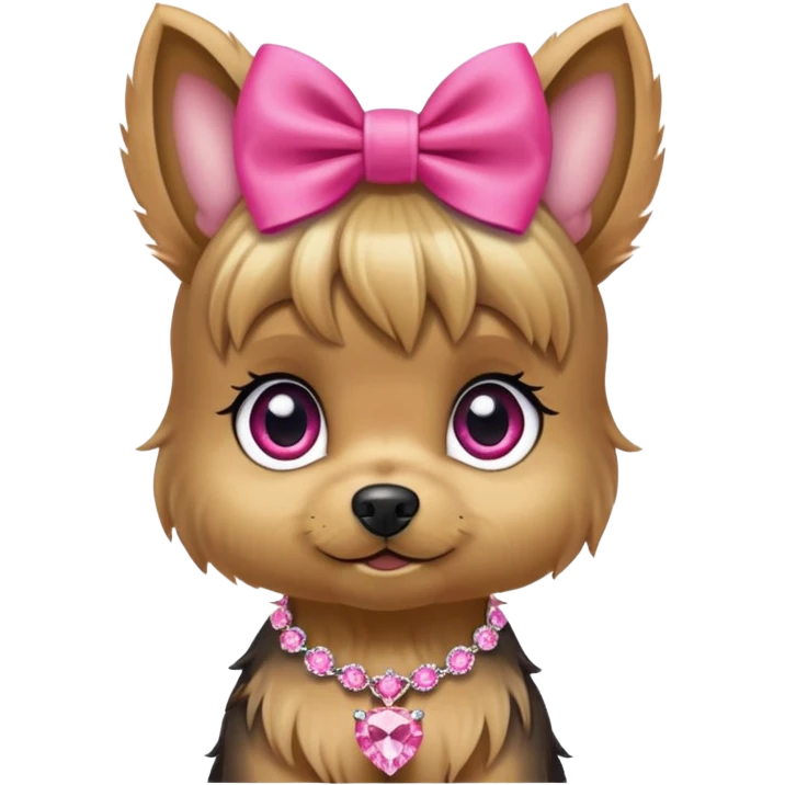 Yorky puppy long hair in ears and face with short face, big eyes topknot with hot pink bow and rhinestone necklace pink diamond emoji