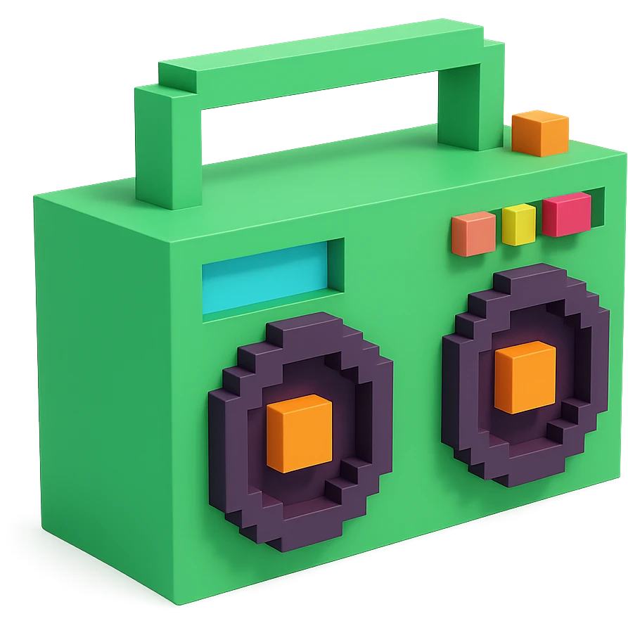 A boombox in voxel style, side view, green color emoji