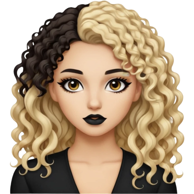 split dye leftside blonde rightside black-brunette, baddie, pretty makeup, black eyeliner, long and curly hair emoji
