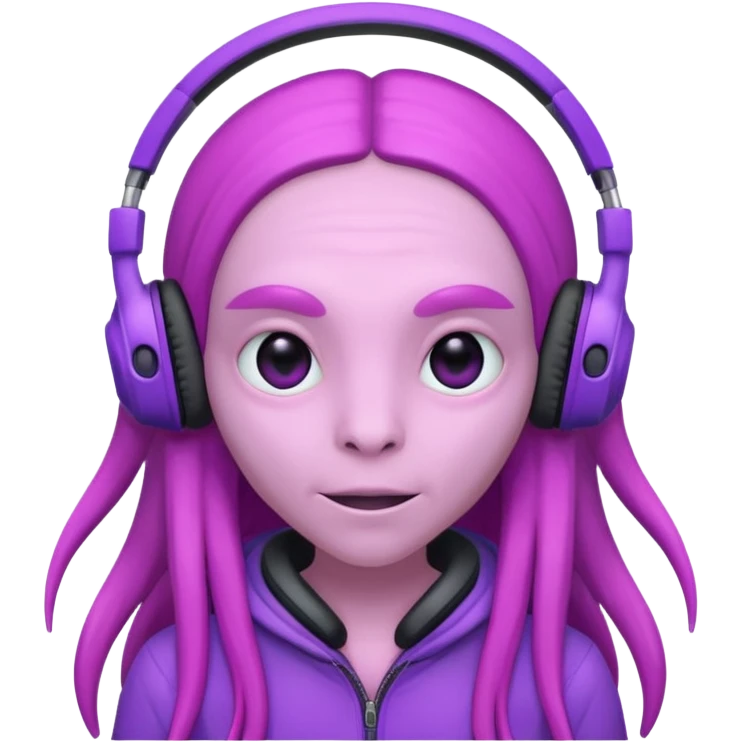 headphone wearing pink alien, purple long haired emoji