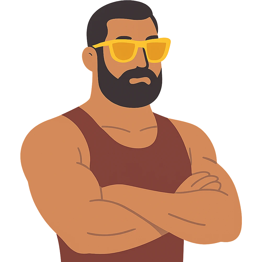 flat design style muscular man with black beard wearing yellow sunglasses emoji